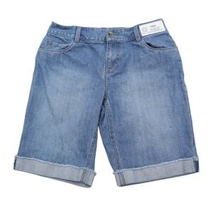 Sonoma Shorts Womens 6 Blue Bermuda Flat Front Denim Pocket Button Zip Mid Rise